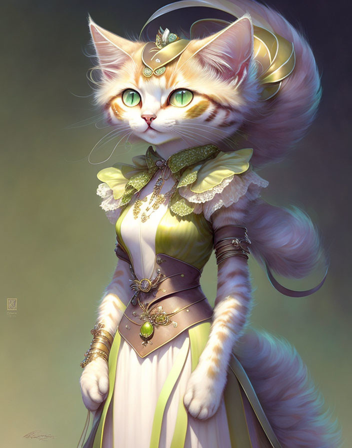 Elegant anthropomorphic cat in tiara and gold jewelry on soft background