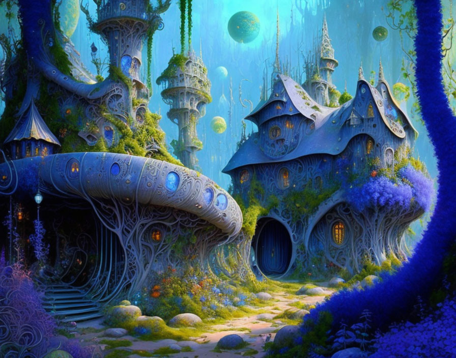 Whimsical mushroom houses in enchanted forest under blue light