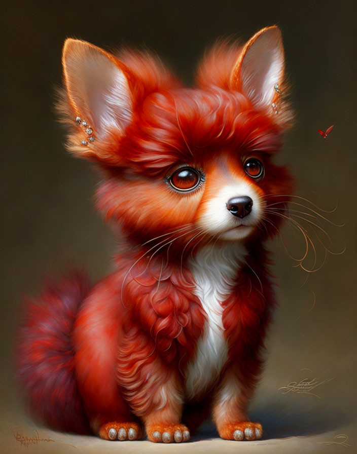 Illustration of fluffy red-orange creature with expressive eyes and earrings