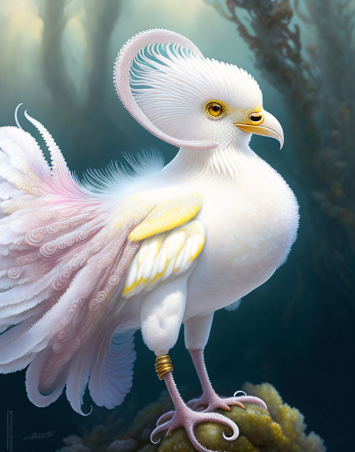 White bird with intricate feathers and pink wings perched on mossy surface