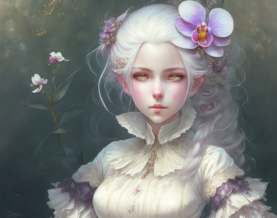 Female figure with white hair and purple flower adornments in Victorian-style blouse