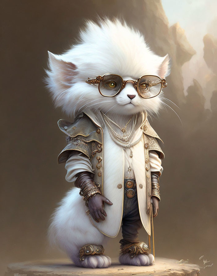 White fluffy anthropomorphic cat in steampunk attire standing upright