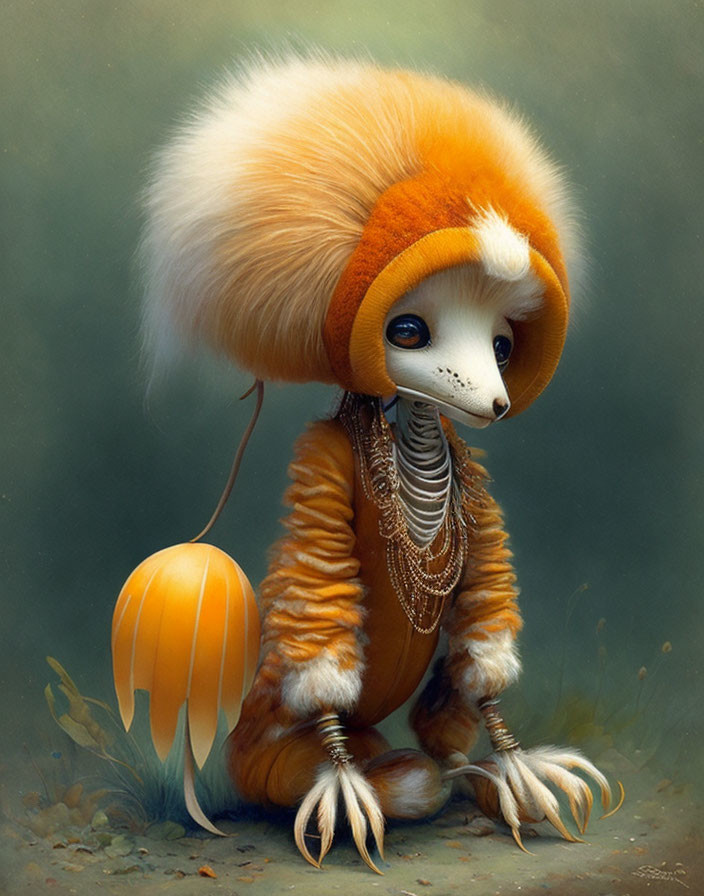 Fluffy orange-headed creature with white face and bird-like claws holding a yellow flower