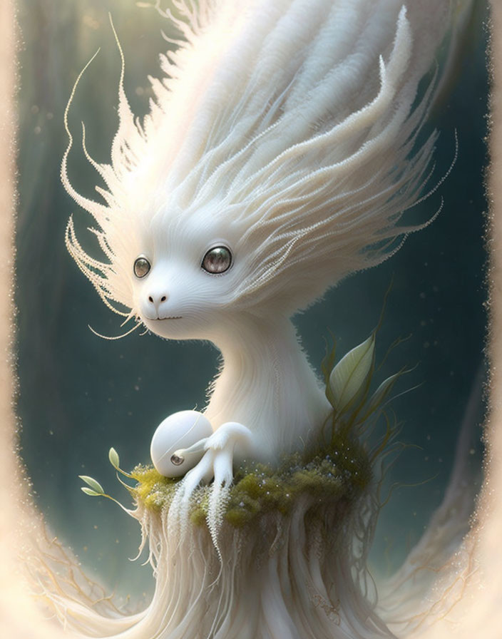 White fantastical creature with feathery mane and orb in dreamy setting