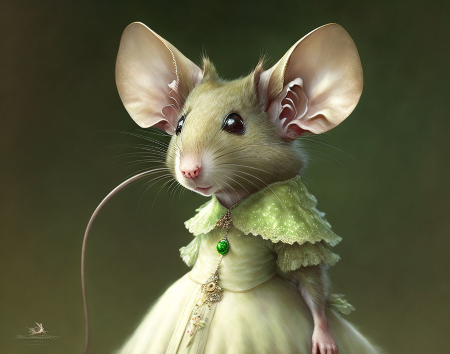 Anthropomorphic mouse in green dress and collar with realistic ears