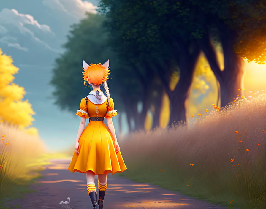 Fox-featured character in yellow dress on tree-lined path with floating lights