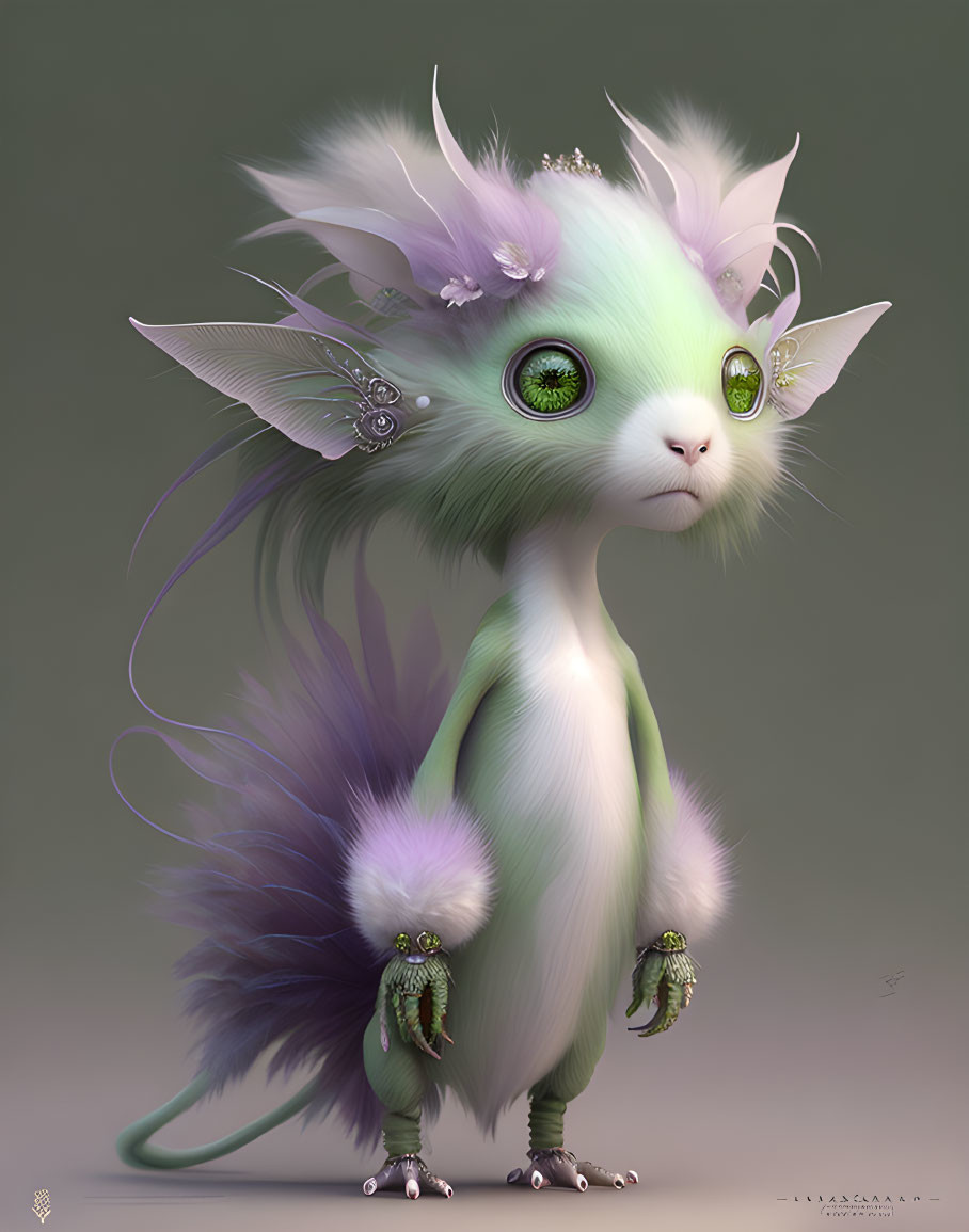 Whimsical creature with green eyes, white fur, feather ears, and floral decorations