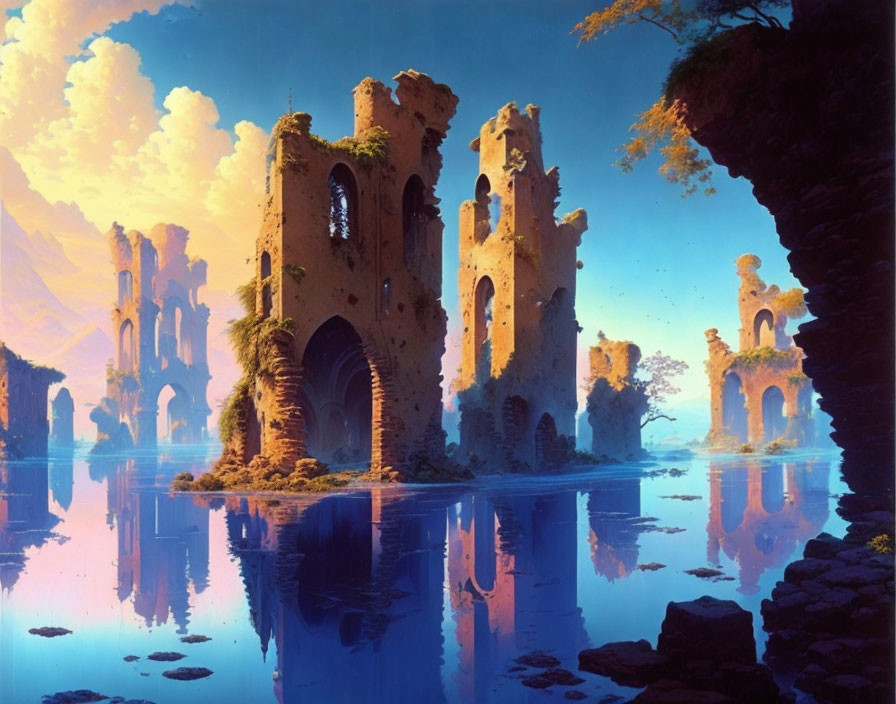 Twilight sky over ruined towers in serene blue waters