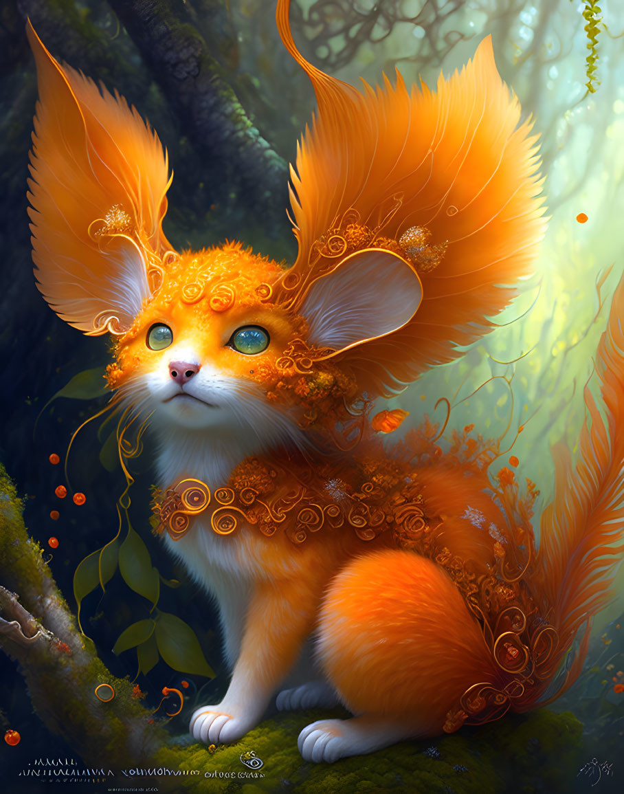 Fantastical orange creature with leaf-shaped ears in forest setting