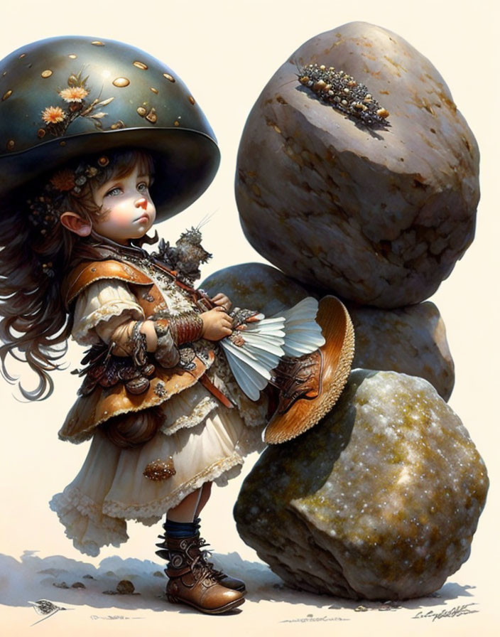 Illustration of young girl in mushroom outfit with snails and stones