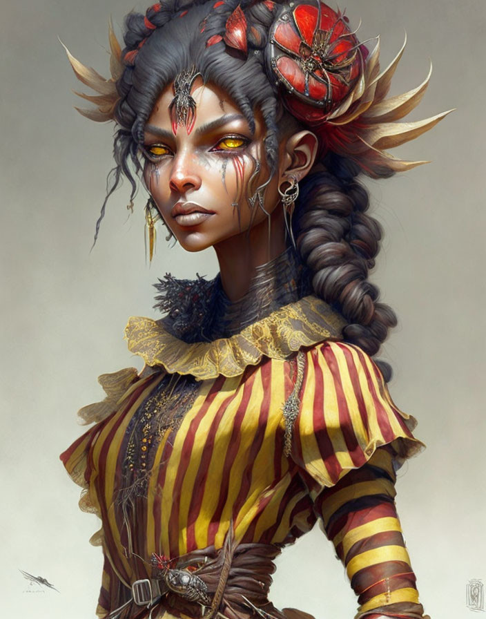 Fantasy female figure with horns, tribal face paint, red flower, and ruffled dress.