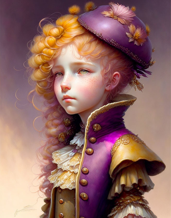 Young girl with curly golden hair in purple and gold Renaissance attire.