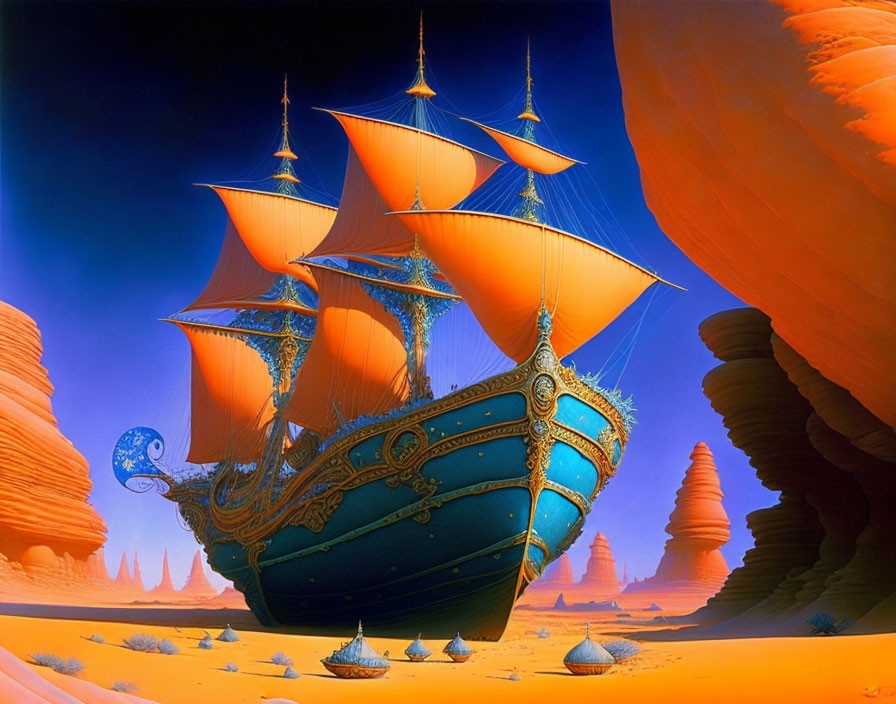 Vibrant orange sail ship in desert landscape with intricate rock formations