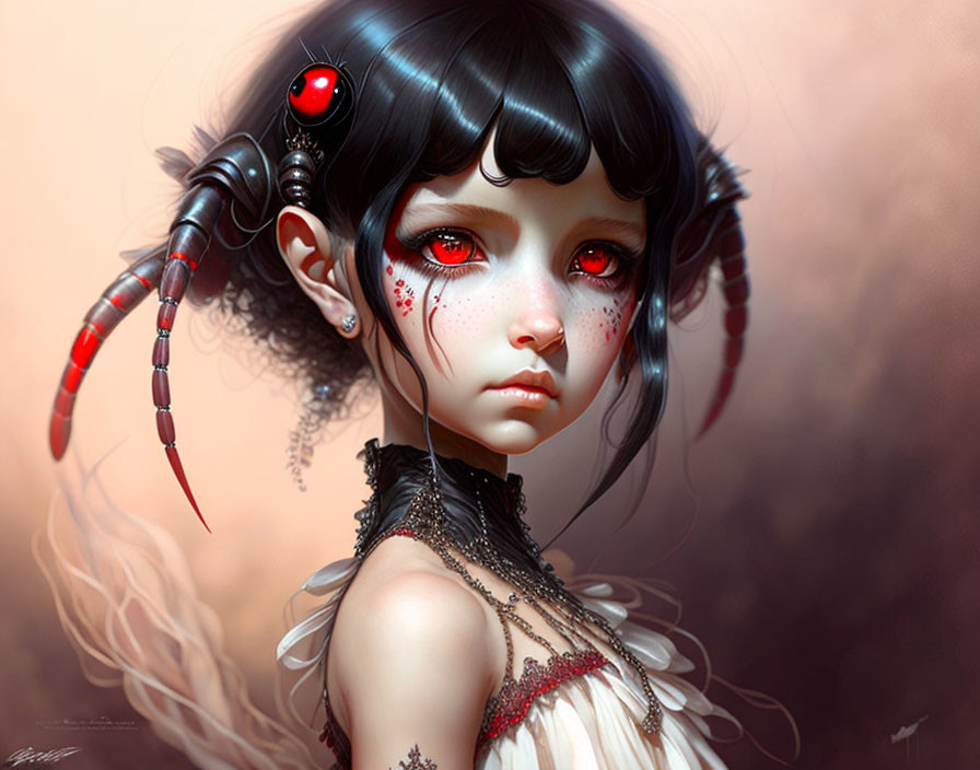 Digital artwork featuring young girl with dark hair, red eyes, and cyborg elements.