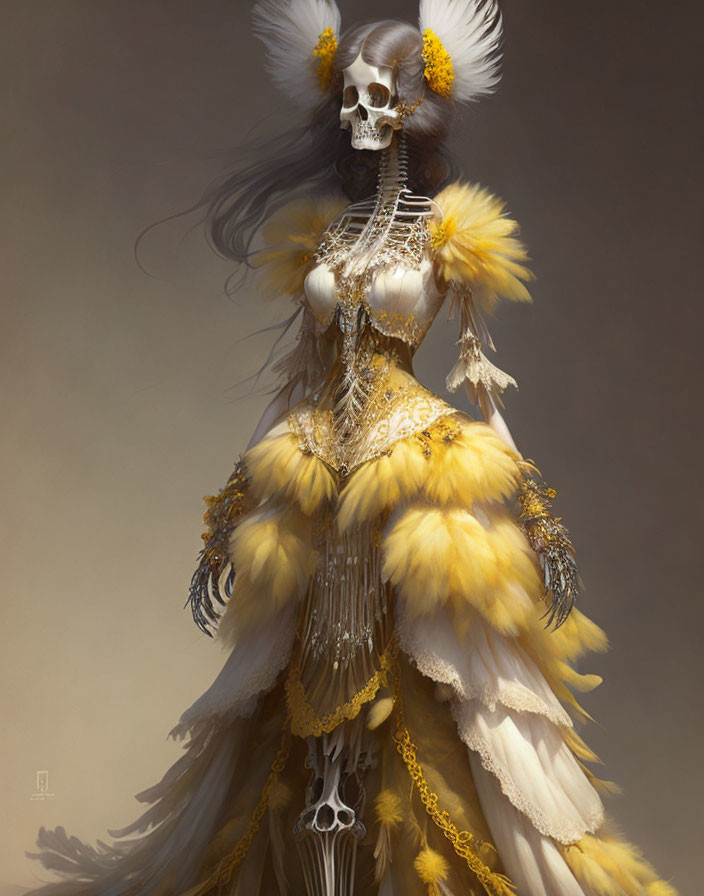 Skeletal Figure in Yellow Feathered Dress