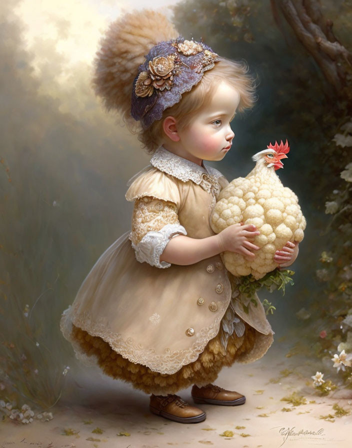 Whimsical painting of child with cauliflower and rooster head in dreamy setting