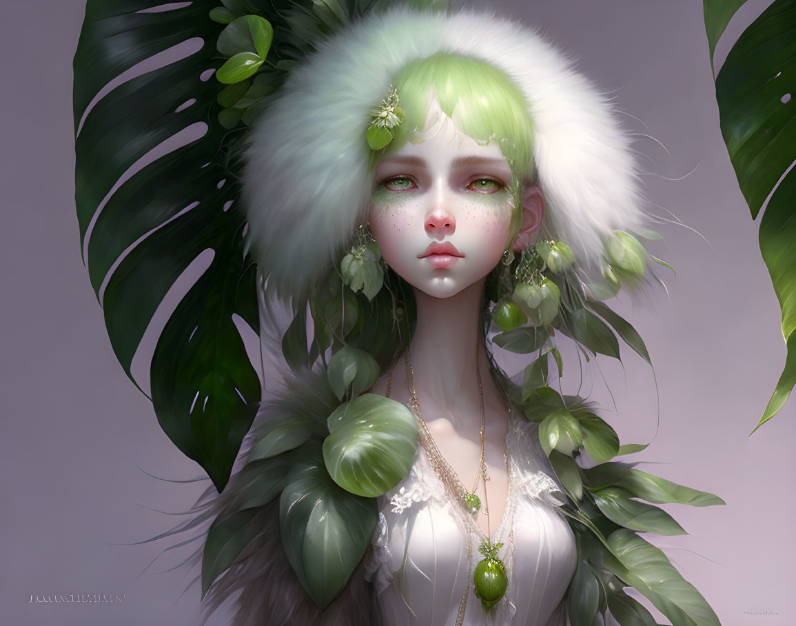 Portrait of a person with green hair and nature-inspired adornments