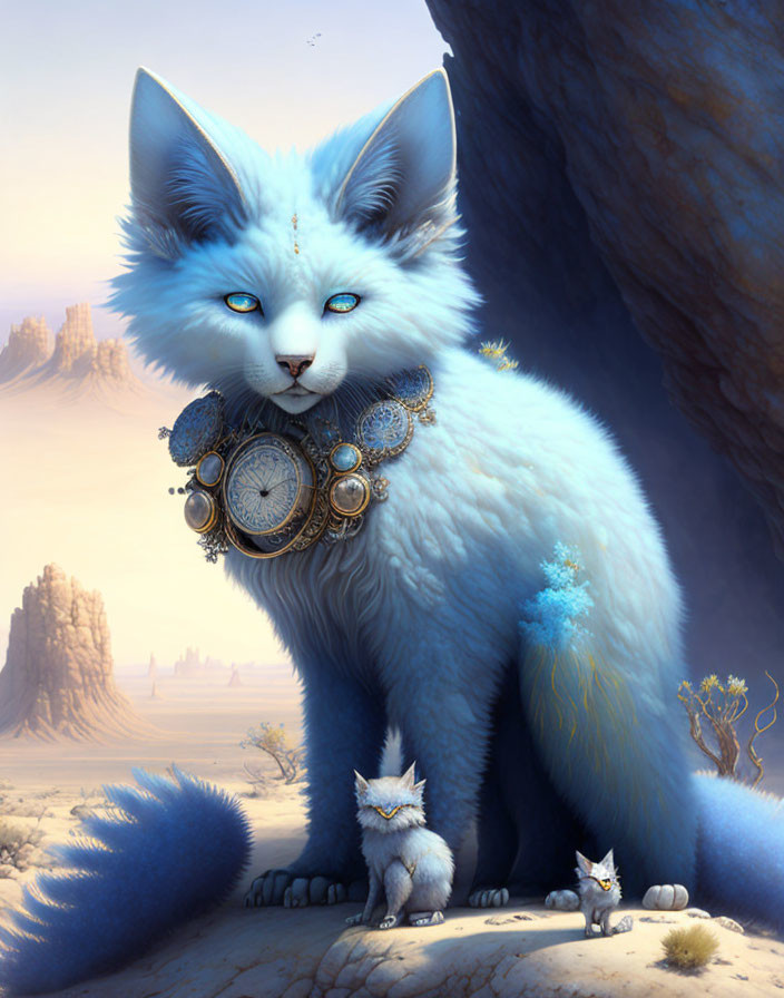 Fantastical blue-furred cats with golden clock necklaces in desert landscape