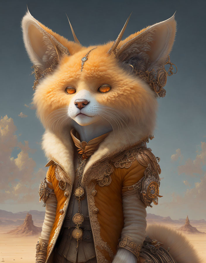 Regal anthropomorphic fox in ornate attire against desert backdrop