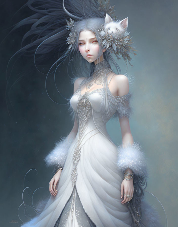 Silver-haired woman in flowing white dress with mystical cat and nature-inspired accessories