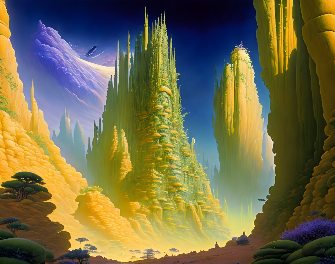 Surreal landscape featuring towering crystalline structures under a blue sky with purple clouds.