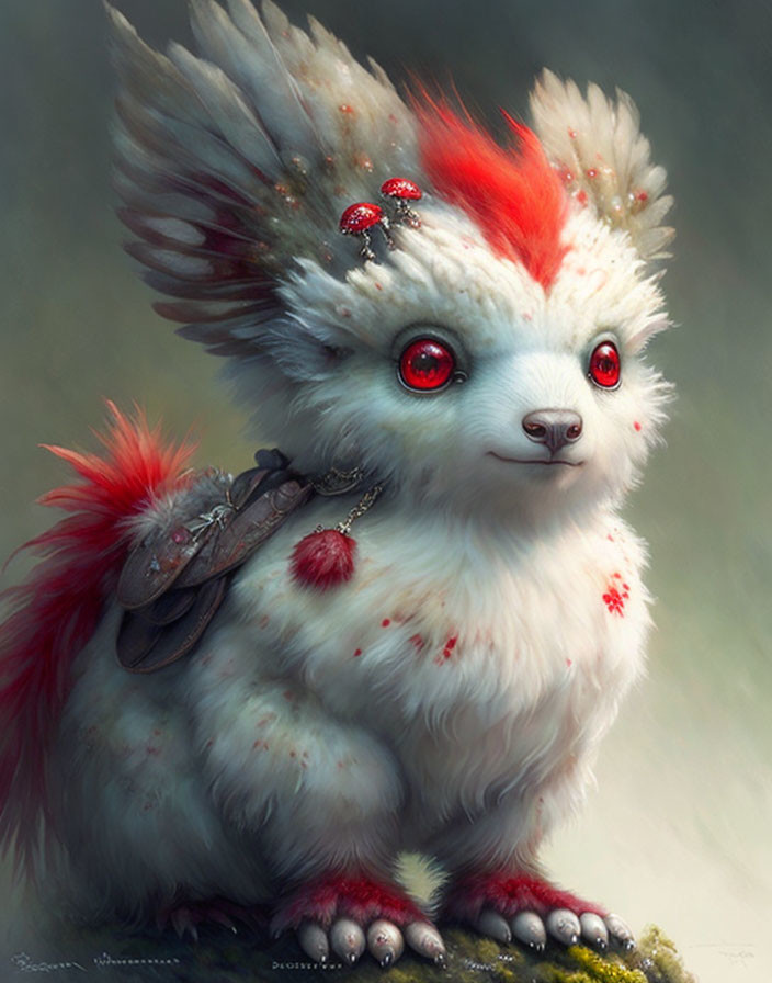 Fluffy white creature with red eyes and vibrant accents beside toadstools