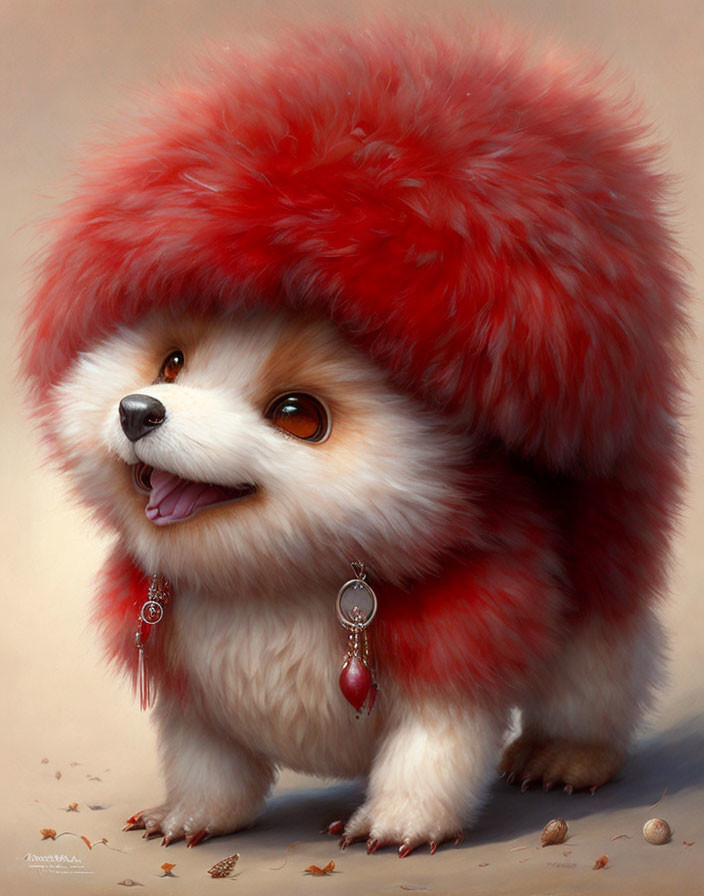 Illustration of fluffy dog with large red hat and earrings among nuts