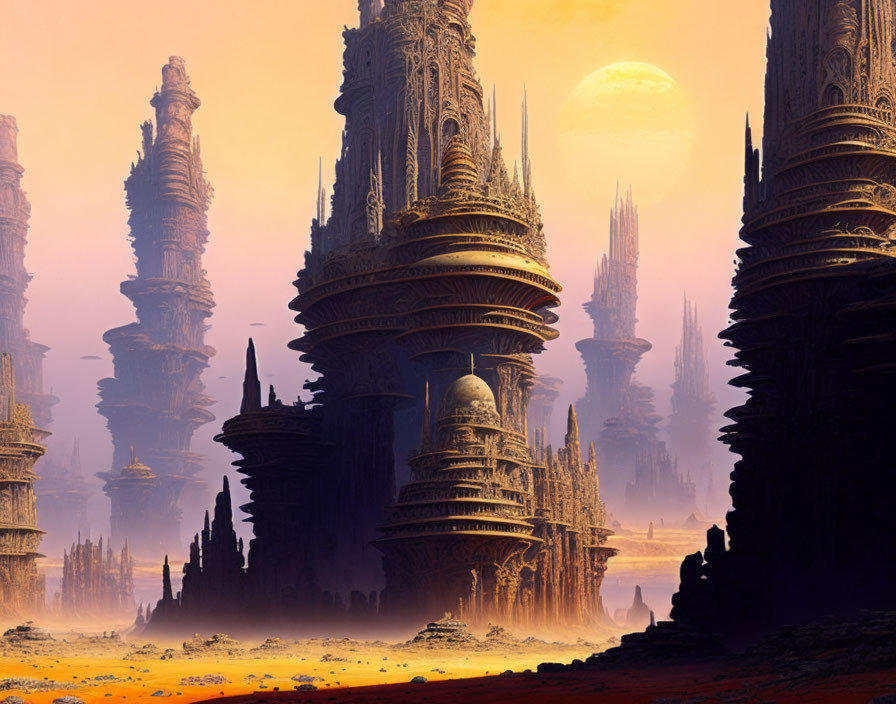 Alien landscape with towering spires under orange sky