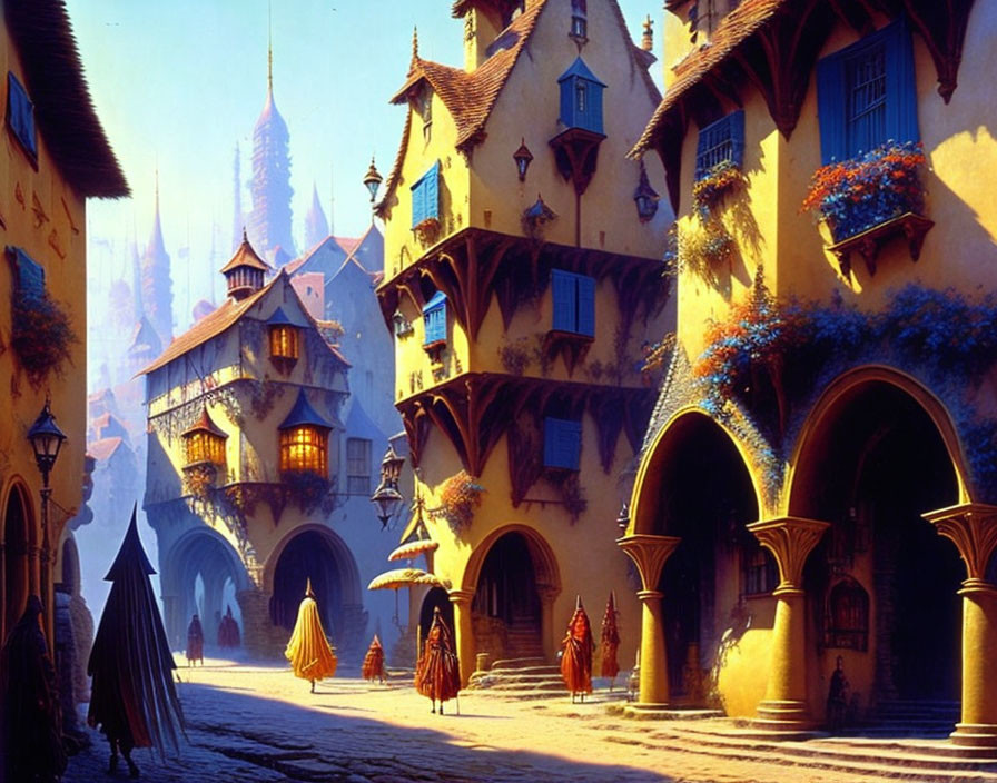 Colorful Fantasy Village with Archways and Cloaked Figures