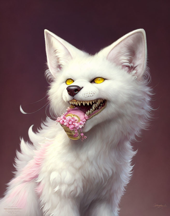 Fluffy white fox with yellow eyes holding pink brain