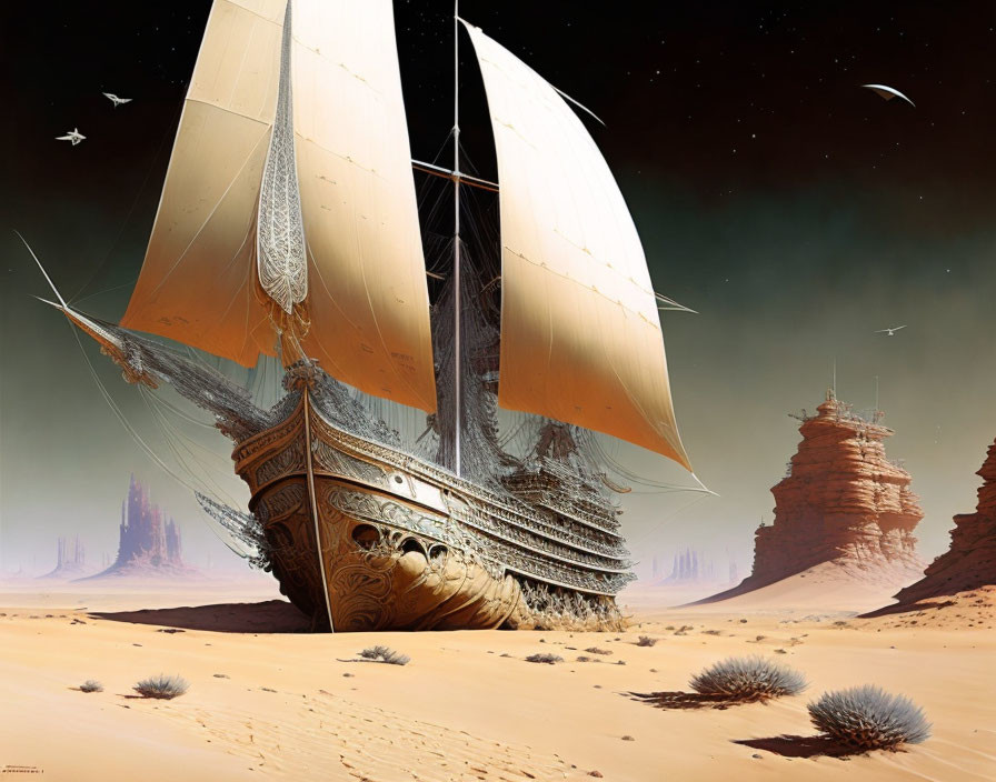 Sailing ship in desert landscape with unique skyline