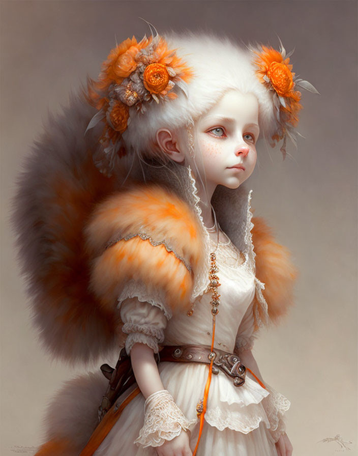 Child in white and orange outfit with fur trim and flowers.