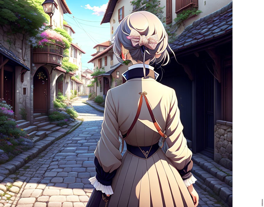 Blond-Haired Female Anime Character in European-Style Village Street