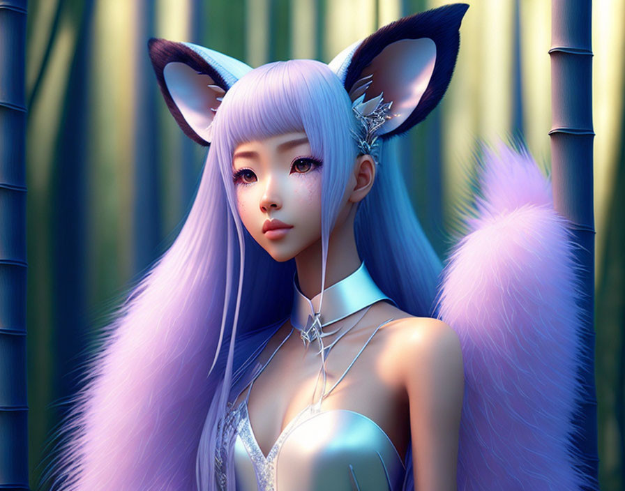 Fantastical character with purple hair and fox features on bamboo background