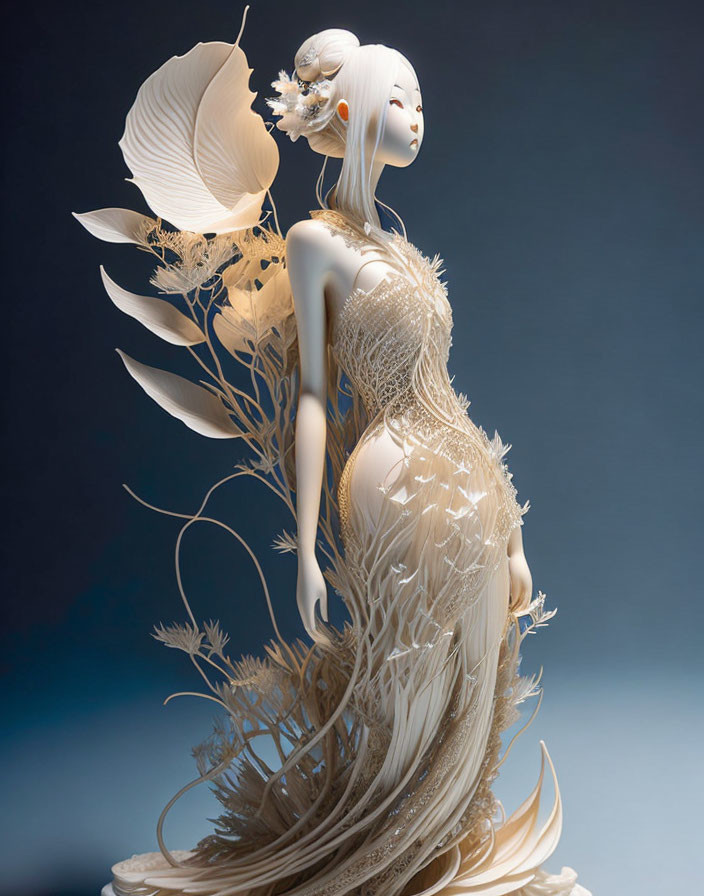 Intricate nature-inspired female sculpture on blue background