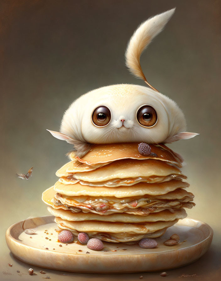 Whimsical creature with bunny ears on pancake stack with berries and butterfly