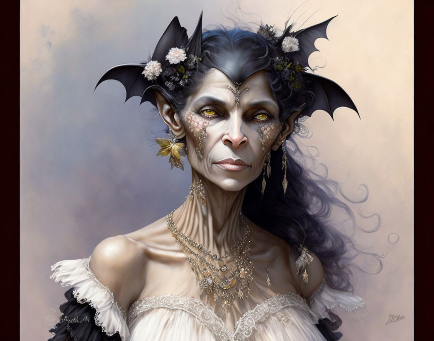 Fantasy character portrait with pale skin, dark hair, bat-like ears, gold jewelry.