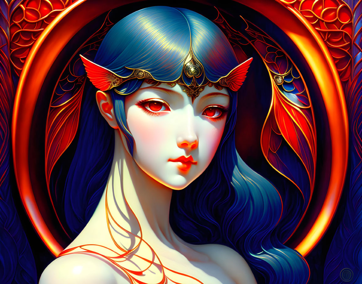 Fantasy Female Character with Blue Hair and Red Eyes on Gold Winged Headgear in Vibrant Red