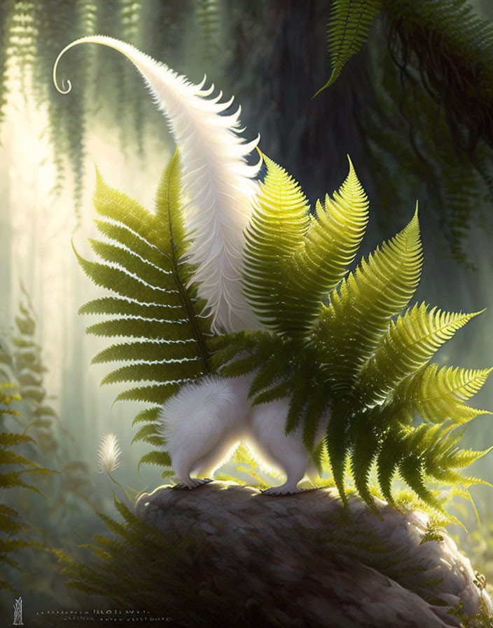 Cat-like creature with leaf tail in forest clearing