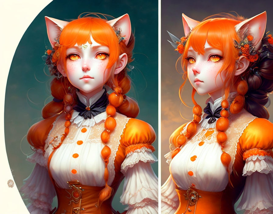 Character illustration: Fox-like features, vibrant orange hair, pointed ears, intricate attire with floral decorations.