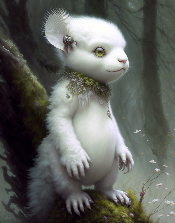 Fantastical white cat-like creature with green eyes in misty forest