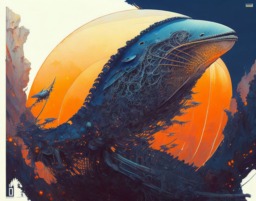 Detailed surreal illustration: mechanical whale against orange rings and blue sky