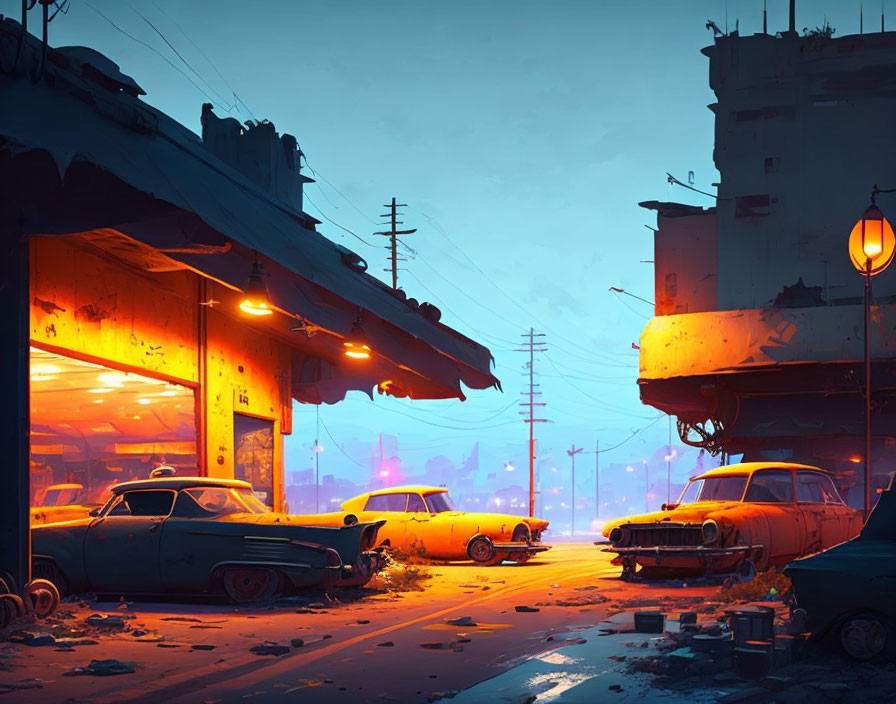 Dystopian street scene with neon lights and vintage cars