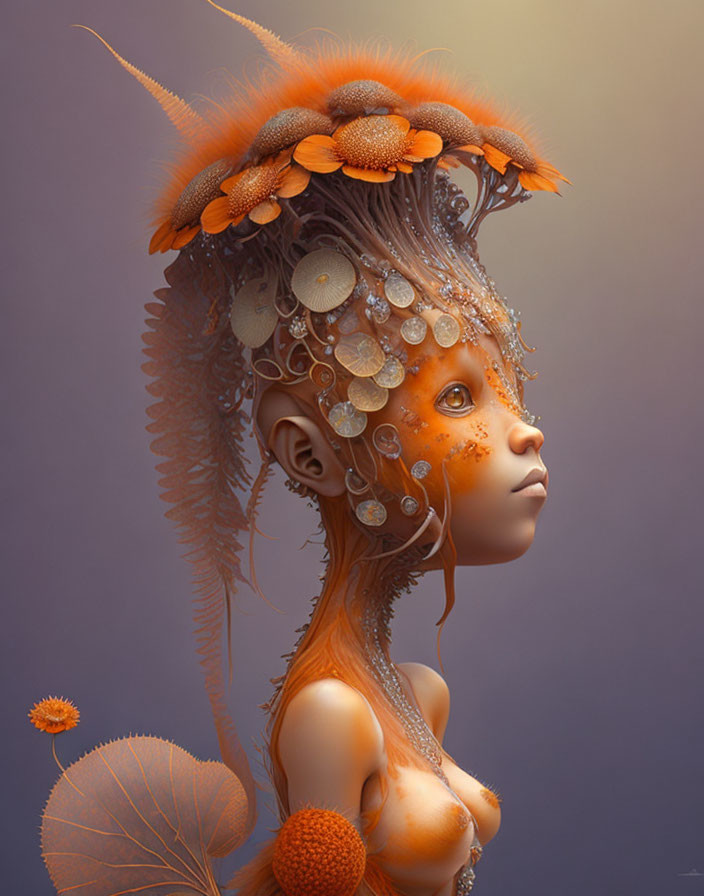 Surreal portrait of figure with orange flora elements and intricate textures