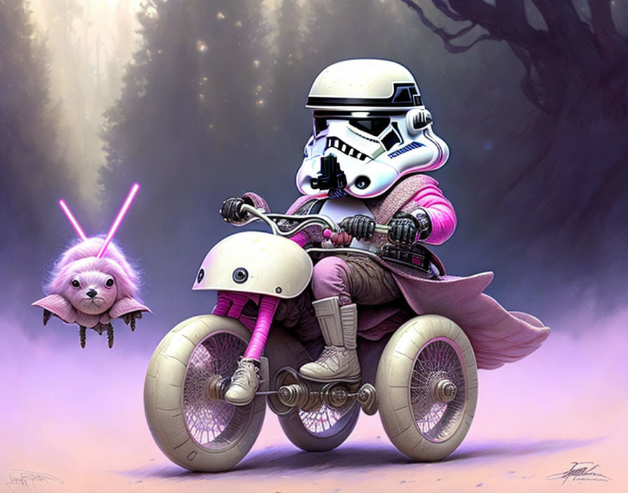 Pink Stormtrooper-like Character on Whimsical Motorcycle with Floating Creature