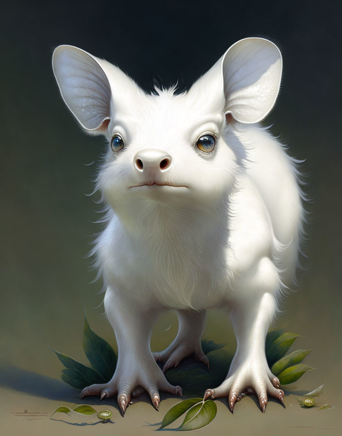 Imaginative creature: White fluffy calf with oversized ears in digital painting