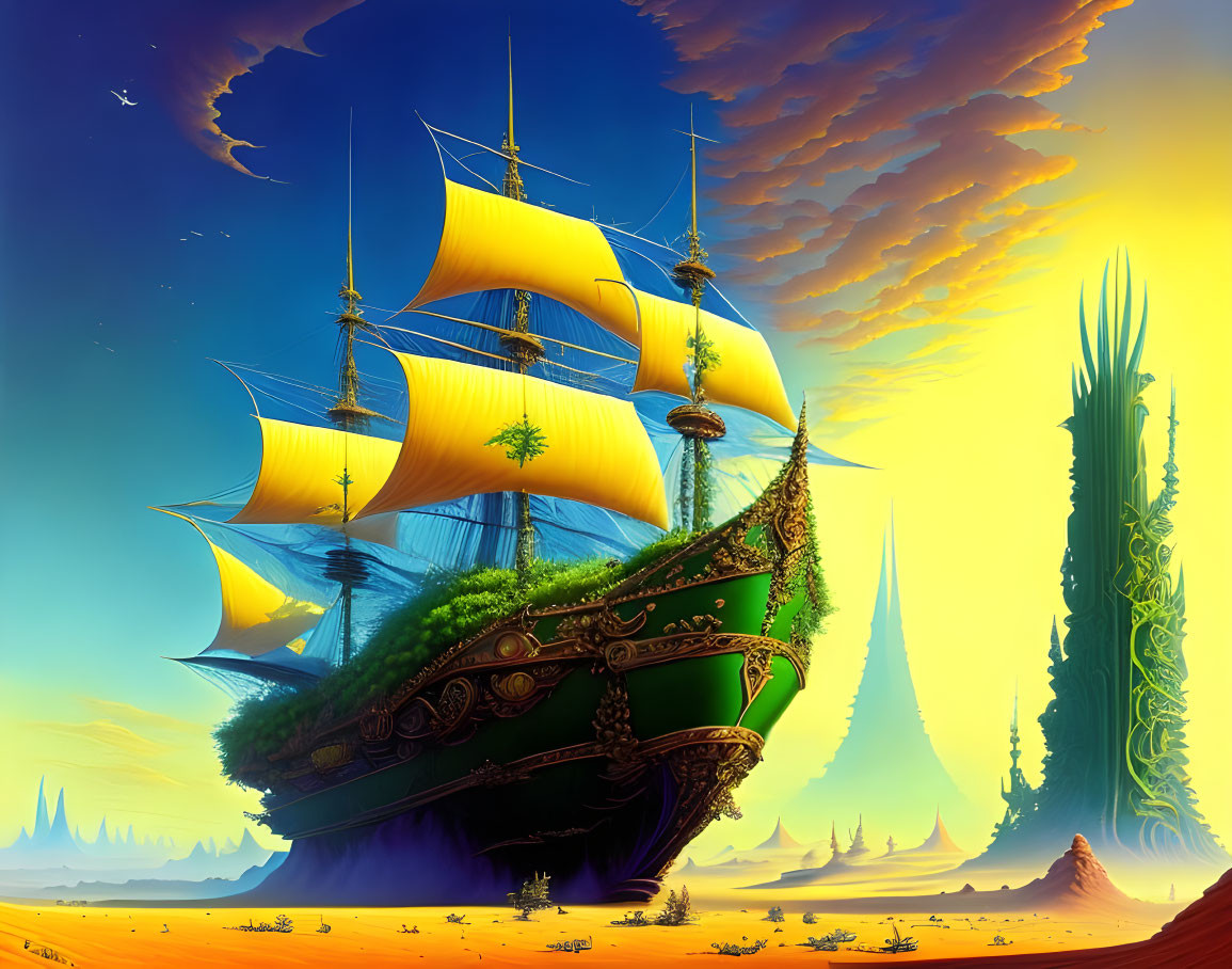 Yellow-sailed ship in desert landscape with vibrant sky and green structures