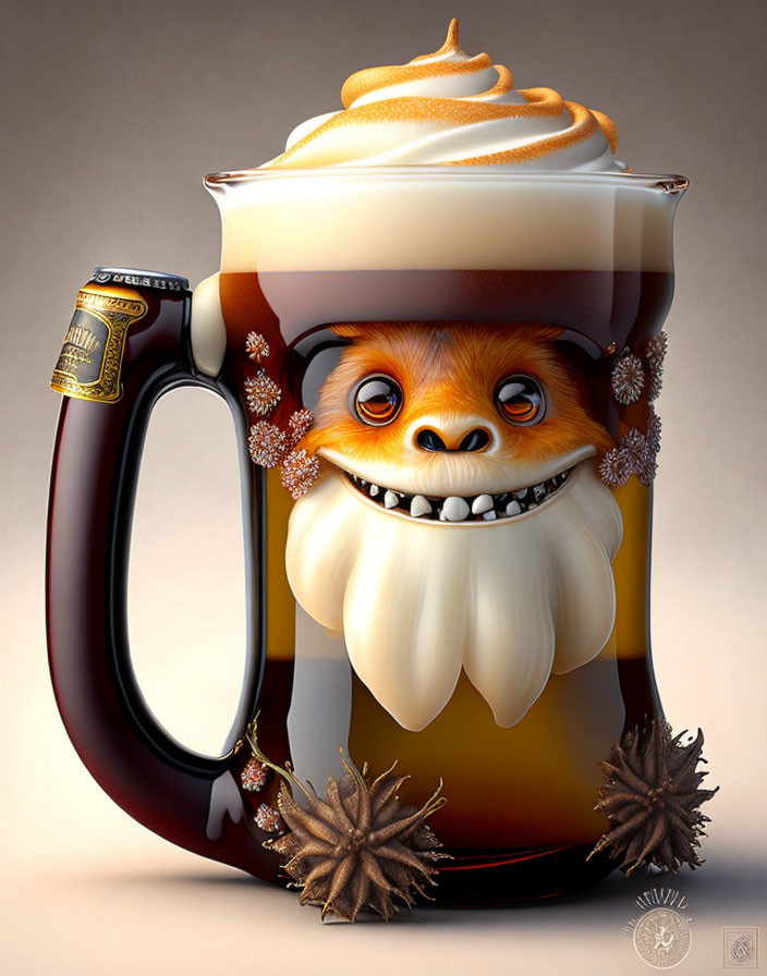 Whimsical glass beer mug with cream topping and animated creature face