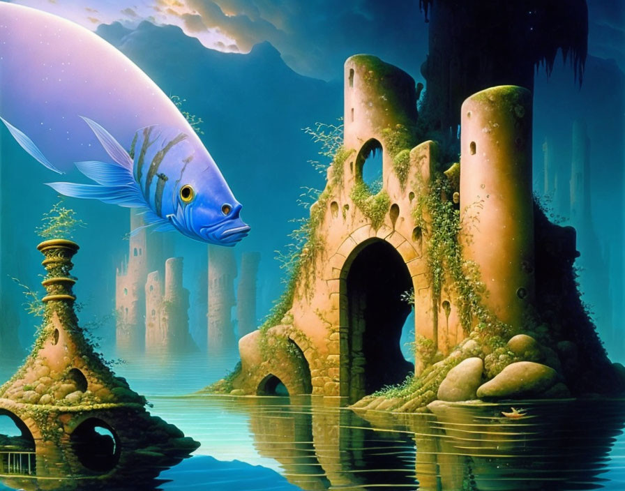 Surreal underwater digital art: Beta fish swimming by ancient ruins