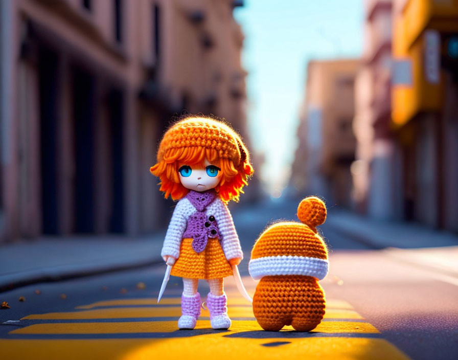 Orange-Haired Doll in Striped Dress on Road with Crocheted Bag